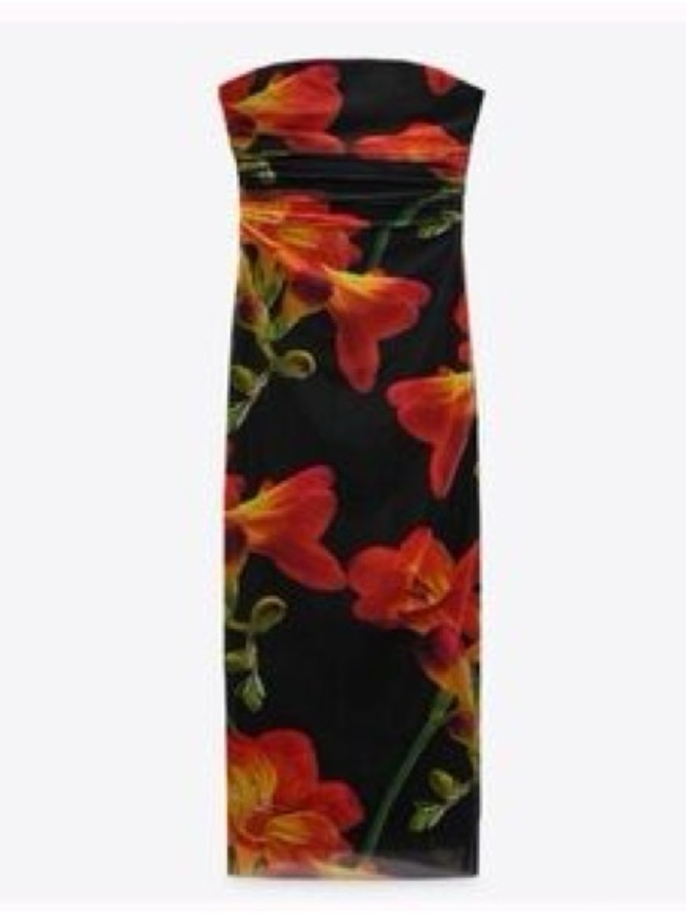Zara Black Tulle Strapless Dress with Red-Orange Floral Print